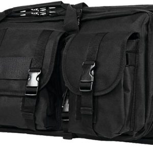 Black tactical firearm bag with multiple pouches and buckles, designed for carrying guns and ammo, associated with Casey, Iowa.