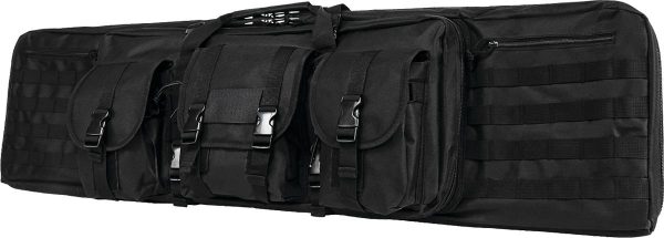 Black tactical firearm bag with multiple pouches and buckles, designed for carrying guns and ammo, associated with casey, iowa.