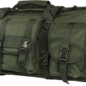 Olive green tactical gun bag with multiple pockets and buckles, designed for firearms and ammo storage, showcased in Casey, Iowa.