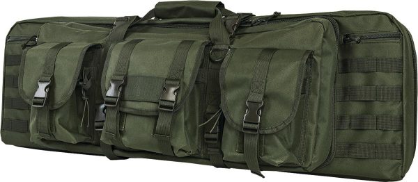 Olive green tactical gun bag with multiple pockets and buckles, designed for firearms and ammo storage, showcased in casey, iowa.