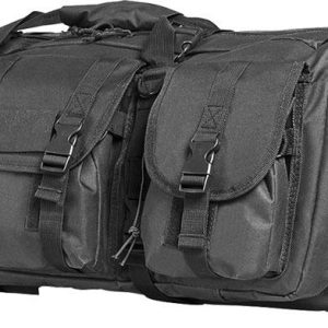 Black tactical gun bag with multiple zippered compartments and buckle closures, suitable for firearms and ammo storage, associated with Casey, Iowa.