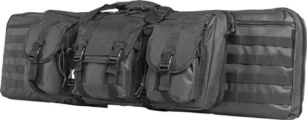 Black tactical gun bag with multiple zippered compartments and buckle closures, suitable for firearms and ammo storage, associated with casey, iowa.