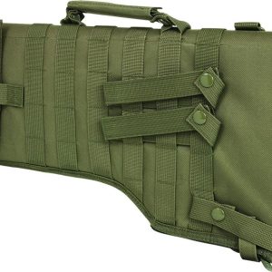 Olive green tactical gun bag with straps and buckles designed for firearms storage, featuring a handle for carrying.