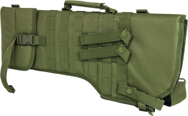 Olive green tactical gun bag with straps and buckles designed for firearms storage, featuring a handle for carrying.