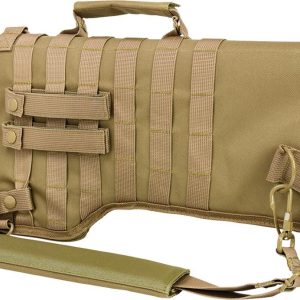 Tan tactical firearms bag with MOLLE webbing and adjustable shoulder strap.