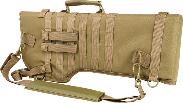 Tan tactical firearms bag with molle webbing and adjustable shoulder strap.