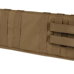 Tan tactical firearm bag with MOLLE webbing and adjustable straps.