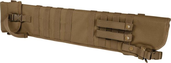 Tan tactical firearm bag with molle webbing and adjustable straps.