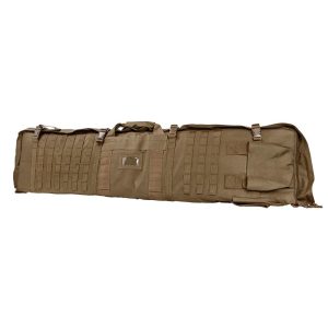 Olive green tactical gun bag with multiple straps and buckles, designed for firearms and ammo.