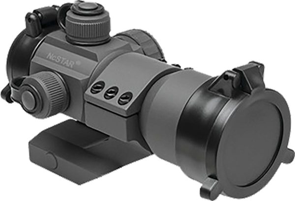 Black and gray ncstar tactical gun scope with adjustable knobs and lens covers, ideal for firearms and ammo enthusiasts in casey, iowa.