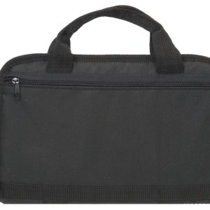 Black firearm and ammo storage bag with zippered compartments and a handle.