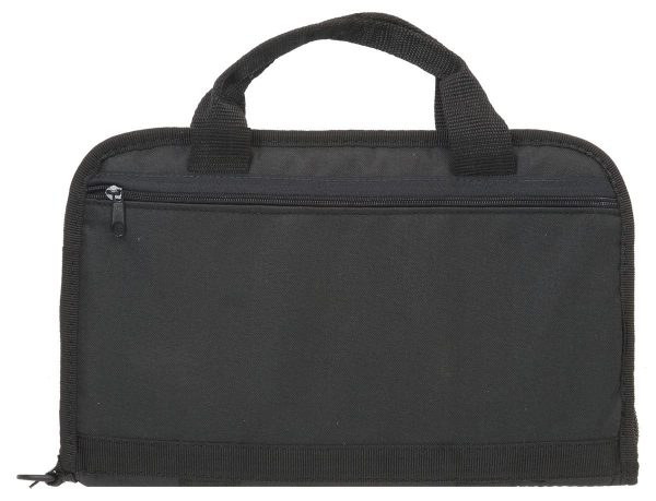 Black firearm and ammo storage bag with zippered compartments and a handle.
