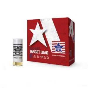 Box of stars and stripes lead shot target load shells with a red and white design featuring a large white star and stripes.