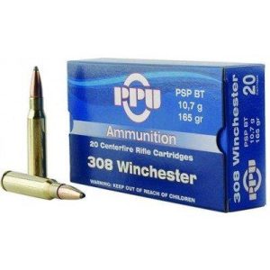 308 winchester ammo box with two cartridges, blue packaging labeled "ppu" and "20 centerfire rifle cartridges," placed vertically and horizontally.