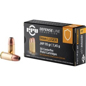 Box of ppu defense line 9mm luger jhp 115 gr ammunition with two visible cartridges, featuring a black and orange design with ammunition details in white text.