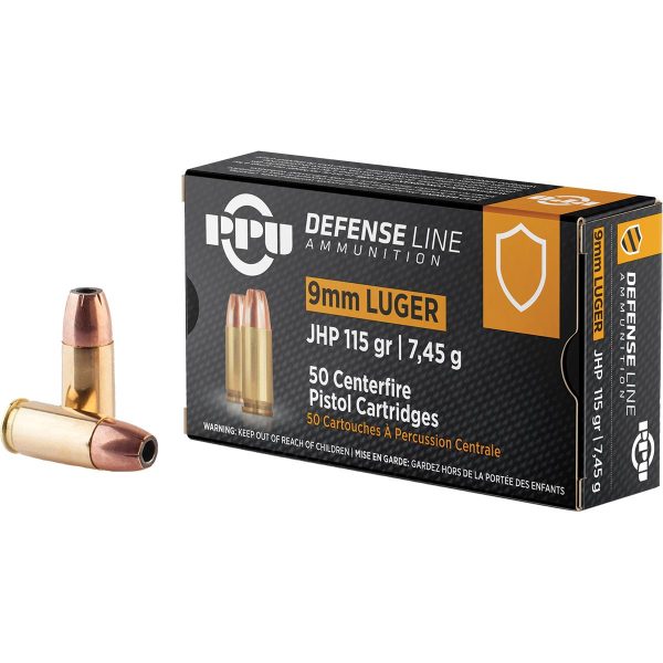 Box of ppu defense line 9mm luger jhp 115 gr ammunition with two visible cartridges, featuring a black and orange design with ammunition details in white text.