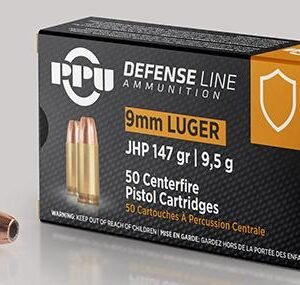 9mm luger ammunition box with two copper-colored bullets displayed, labeled "defense line ammunition, 50 centerfire pistol cartridges, jhp 147 gr, 9. 5 g. "