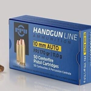 Box of 10mm auto handgun ammunition with blue packaging and two brass-colored, copper-tipped bullets displayed in front.