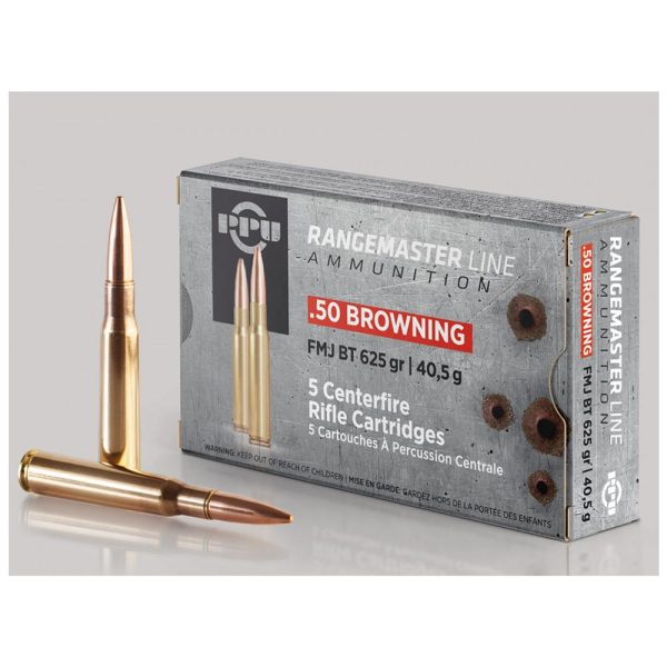 Box of ppu rangemaster line. 50 browning ammunition with two brass cartridges and gray packaging.