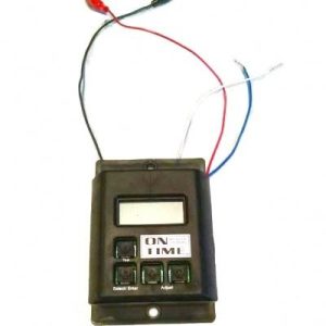 A black electronic timer with four buttons, two connected wires, and clips, labeled "ON TIME."
