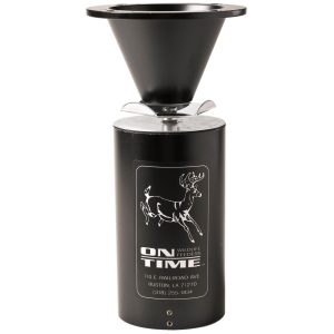 Black wildlife feeder with a large funnel top and deer logo design, featuring the text "ON TIME Wildlife Feeders" and contact details, set against a plain white background.