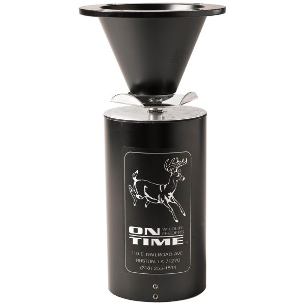 Black wildlife feeder with a large funnel top and deer logo design, featuring the text "on time wildlife feeders" and contact details, set against a plain white background.