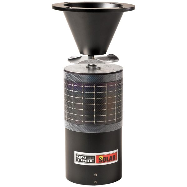 A black solar-powered feeder with a conical top and cylindrical base featuring solar panels and the label "on time solar. "