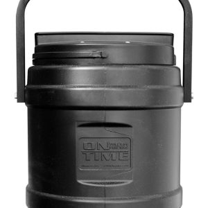 Black On Time wildlife feeder bucket with a handle, featuring engraved branding on the front.