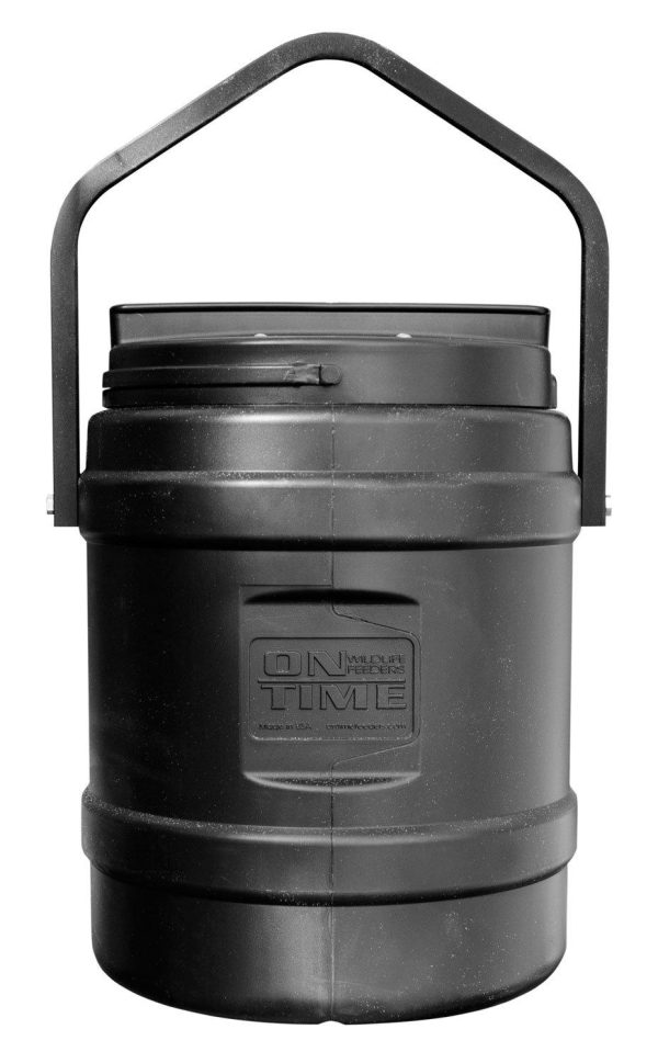 Black on time wildlife feeder bucket with a handle, featuring engraved branding on the front.