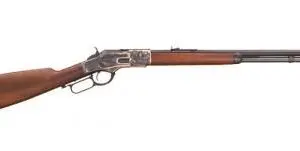 Brown and black lever-action rifle with a wooden stock and metal barrel.