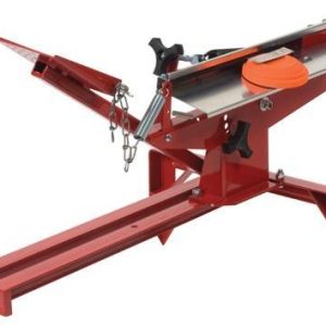 Red metal clay pigeon thrower with an orange disc on a white background.