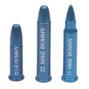 Dummy ammunition in blue with white text, showcasing ". 22 lr dummy," "22 mag dummy," and "17 hmr dummy. "