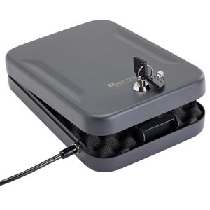 Dark gray Hornady security lockbox with a key lock, featuring black foam interior cushioning.