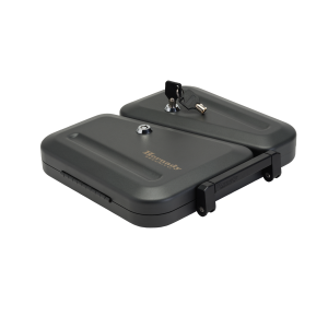 Black firearm storage case with Hornady Security logo, featuring a key lock mechanism and detachable handle.