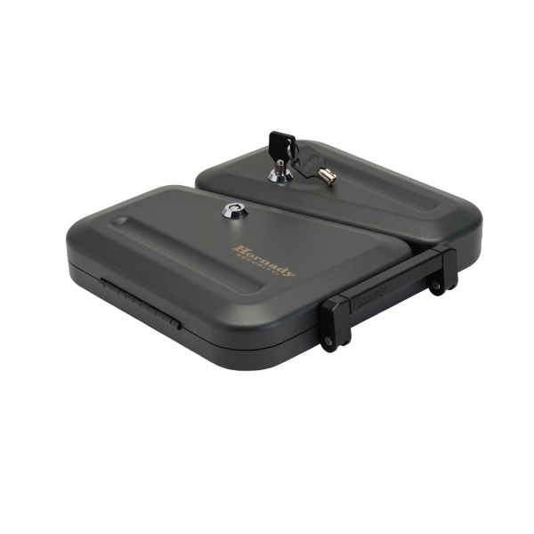 Black firearm storage case with hornady security logo, featuring a key lock mechanism and detachable handle.