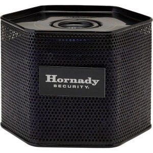 Black octagonal metal Hornady Security gun safe with perforated design and branding.