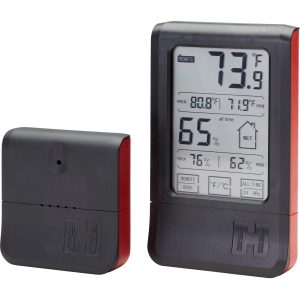 Digital hygrometer with black and red casing displaying temperature and humidity levels.