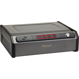 Gray gun safe with red-button accents and keypad, featuring "Hornady Security" branding.