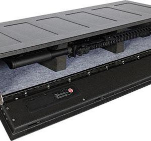 Gray firearm storage case with a black interior, partially open to reveal a rifle inside, featuring sturdy handles on the sides.
