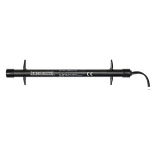 Close-up of a black Lockdown gun vault dehumidifier rod with a power cord.