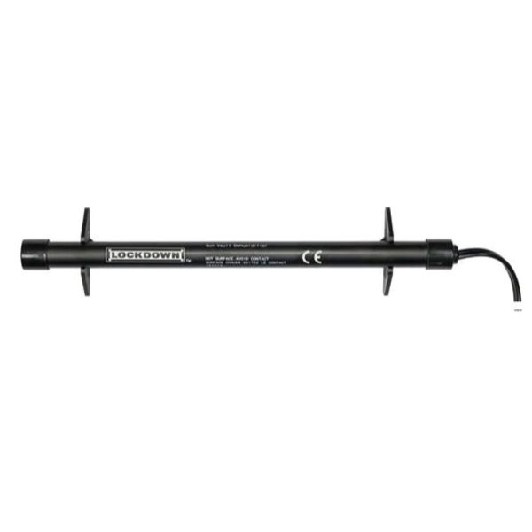 Close-up of a black lockdown gun vault dehumidifier rod with a power cord.