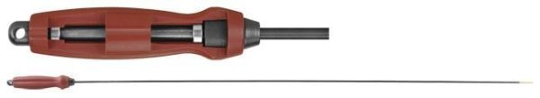 Brown and black gun cleaning rod with a thin metal shaft and ergonomic handle.