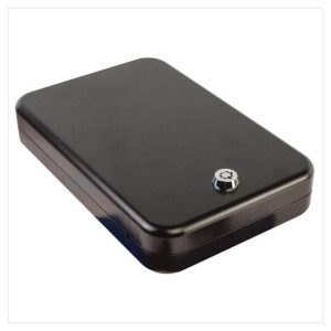 Black lockable gun safety case with a round silver keyhole, designed for secure firearm and ammo storage.