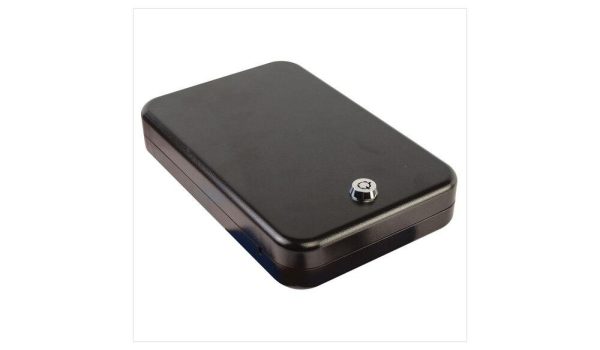 Black lockable gun safety case with a round silver keyhole, designed for secure firearm and ammo storage.