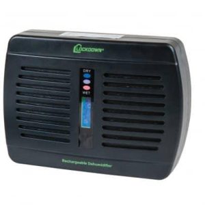Black Lockdown rechargeable dehumidifier with green and blue label indicators for dry and wet conditions.