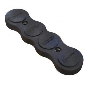 Black firearm accessory with circular indentations, designed for securing guns or ammo, featuring "Lockdown Magnetic" branding.