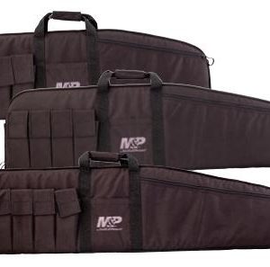 Black firearms bags with M&P logo, featuring multiple exterior pockets for ammo and accessories.