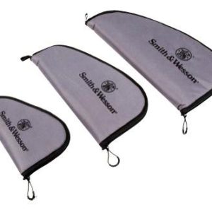 Gray Smith & Wesson gun bags with black zippers in three sizes on a white background.