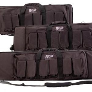 Black firearm bags with multiple pockets and straps, featuring "M&P" logo.
