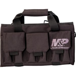 Black Smith & Wesson firearms bag with multiple compartments and handles, featuring the M&P logo; related to guns and ammo in Casey, Iowa.